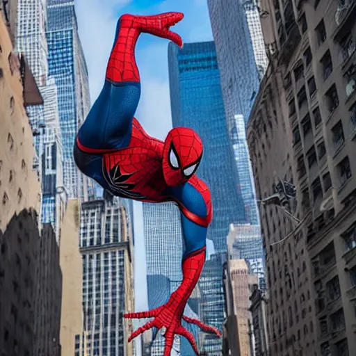 Image similar to photo of Superior Spider-Man swinging through the streets of midtown Manhattan on a bright September evening