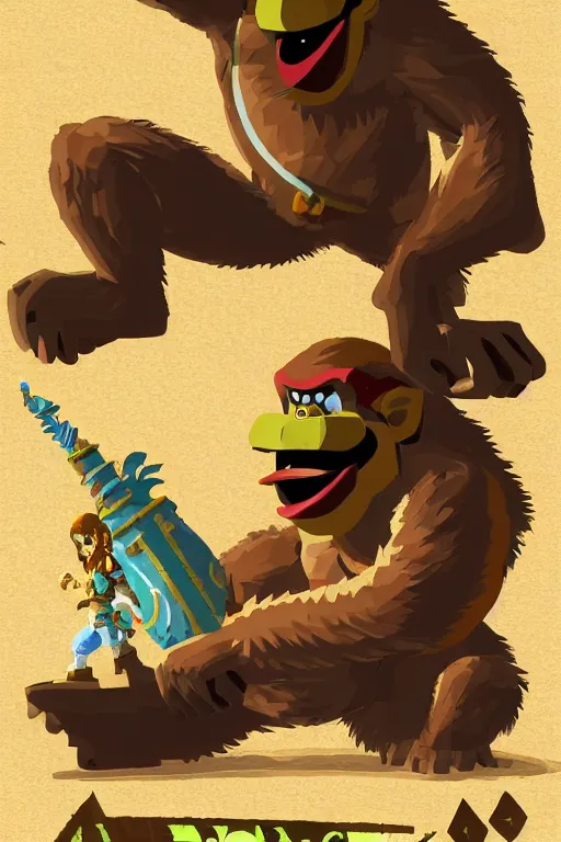 Image similar to an in game portrait of donkey kong from the legend of zelda breath of the wild, breath of the wild art style.