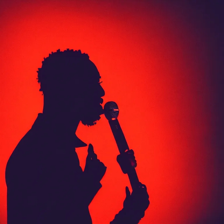 Prompt: rapper holding microphone to mouth, epic angle, profile view, silhouetted, distinct, psychedelic hip-hop, laser light show, beams of light