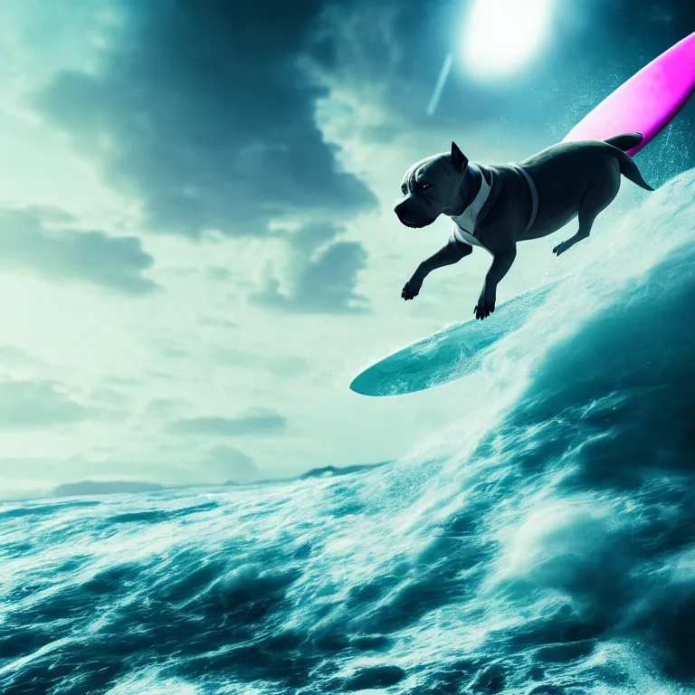 Image similar to photo of a gray coat pit bull with white paws, surfing on a surfboard in a crashing wave of alien ocean in space, background is an alien galaxy, aliens in the background, alien colors, octane render, unreal engine, wide view, 8 k, high detaild