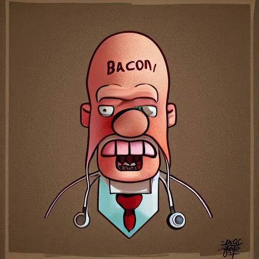 Image similar to anthropomorphic slice of bacon dressed as a doctor, horror, gritty, artstation