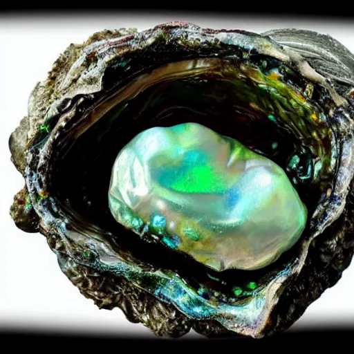 Prompt: a beautiful fantasy rendering of a dirty old corroded oyster with algae and barnacles growing on it, a glowing pure perfect iridescent pearl on the inside