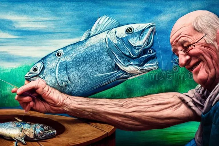 Prompt: a jolly old man's thumb piercing a fish, photoillustration ink drawing acrylic art digital illustration oil on canvas photorealistic polished sci - fi james gurney filmic stock photo landscape polished photorealistic