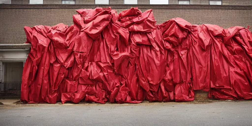 Prompt: photography of a gigantic wall built with red garbage bags, photography by Annie Leibovitz and david lachapelle, photography award winning, rule of thirds, golden ratio, phi