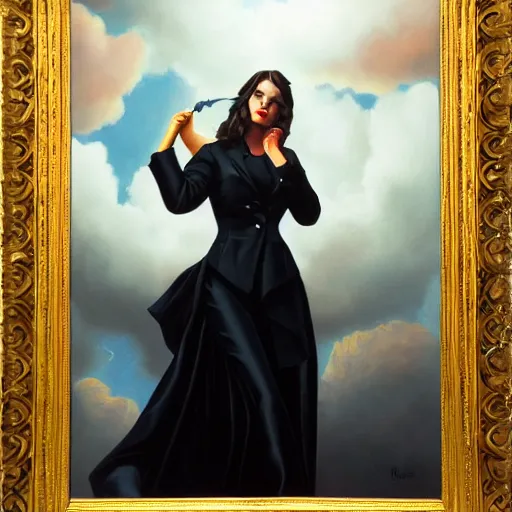 Prompt: woman, dressed in black tie, fowers, dark clouds, stylish, greg hildebrandt fancy oil painting high quality luxury clothes