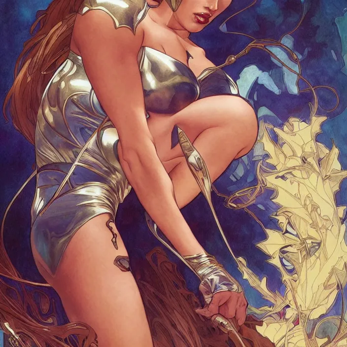 Image similar to megan fox as power girl by artgerm, greg rutkowski, alphonse mucha