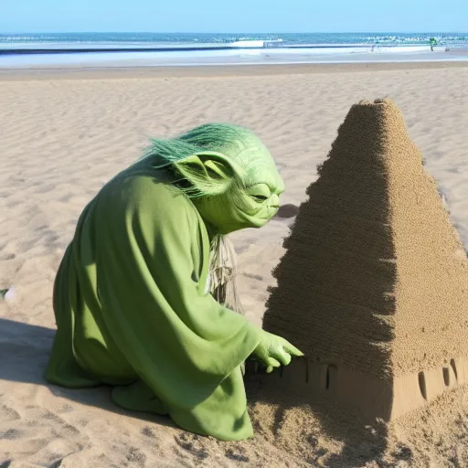 Image similar to Yoda building a sand castle on the beach