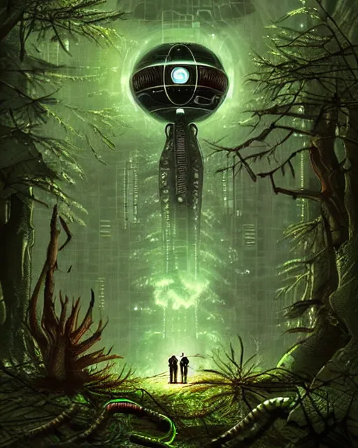 Prompt: aliens discovering technological artifact in a forest, concept art, intricate details, highly detailed, sci - fi poster, cyberpunk art, in the style of looney tunes