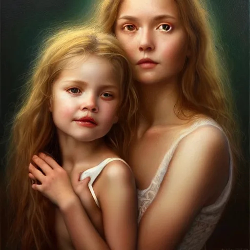 Image similar to pure love is patient love is kind, mother and child ; photorealistic oil painting by tom chambers and artgerm ; highly detailed cute faces by wlop ; trending on artstation ; 8 k high resolution, symmetrical, cinematic, high coherence, golden ratio, rule of thirds, perfectly centered ; anatomically correct faces