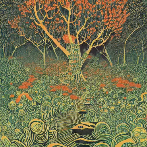 Prompt: linocut print of fantasy forest, amazing art, highly detailed, intricate flowers, color, masterpiece, by victo ngai, craig mullins