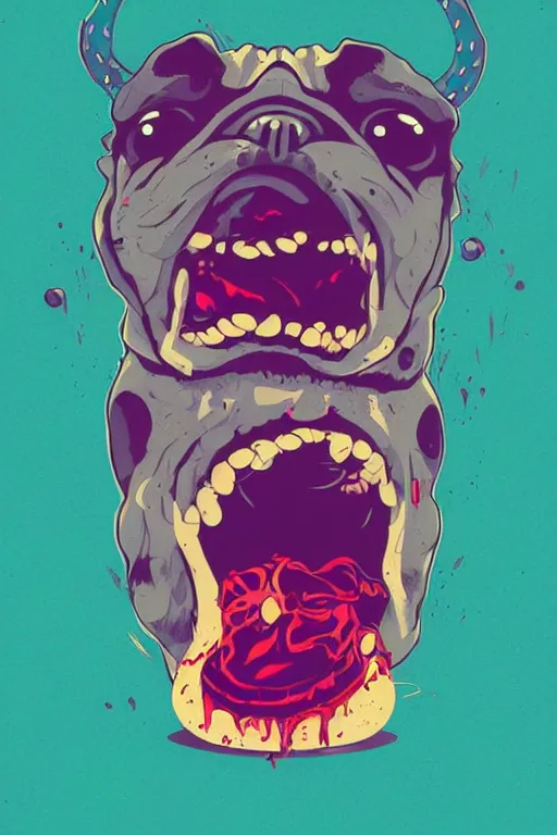 Prompt: demon pug eating flesh. art by mike winkelmann, sticker, colorful, illustration, highly detailed, simple, smooth and clean vector curves, no jagged lines, vector art, smooth