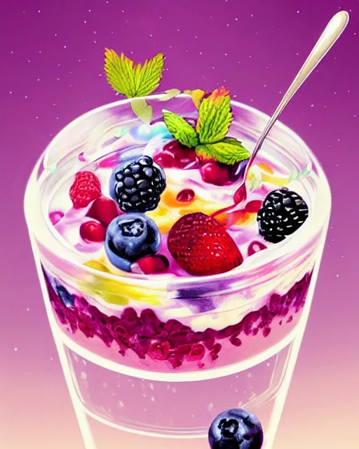 Image similar to mixed berry parfait yogurt cup, swirling fruits and stylized yogurt, sylvain sarrailh, fantasy, sparkling, radiant lighting