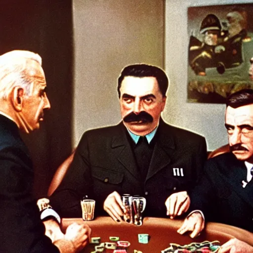 Image similar to UHD candid color photo of Joseph Stalin playing poker with Joe Biden and Hitler, accurate faces, UHD, photorealistic, correct face, photo by Annie Leibowitz