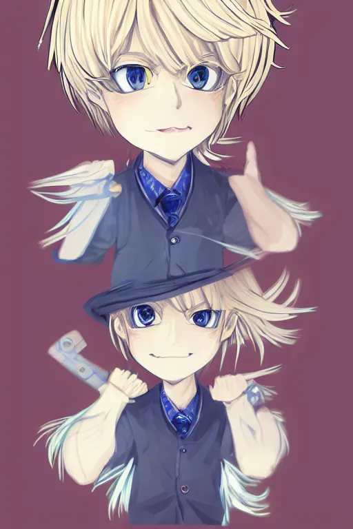 Image similar to blonde hair boy anime character, symmetrical, highly detailed, digital art, sharp focus, trending on art station, blue eyes, pastel colours, chibi