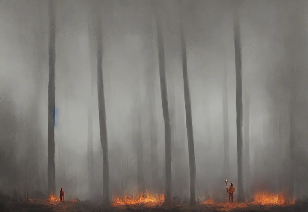 Prompt: a man in trench coat standing in front of a large forest wooden cabin that is on fire, night, foggy, gloomy, mysterious, artstation, jakub rozalski, high detail