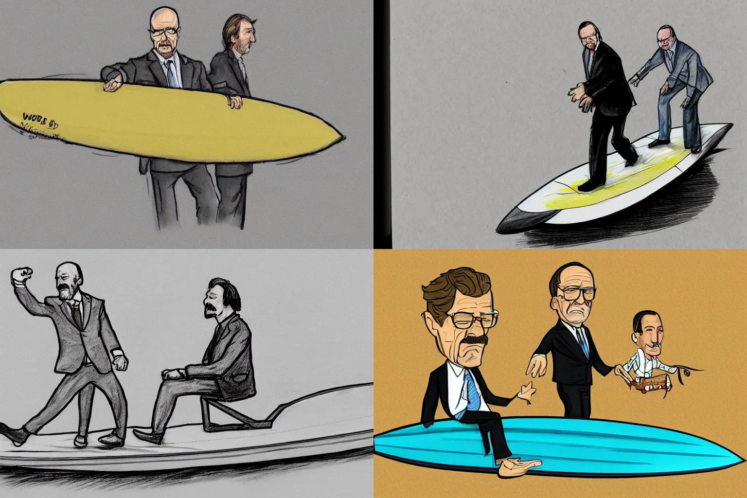 Prompt: court sketch of walter white riding a comically large surfboard, with saul goodman presenting