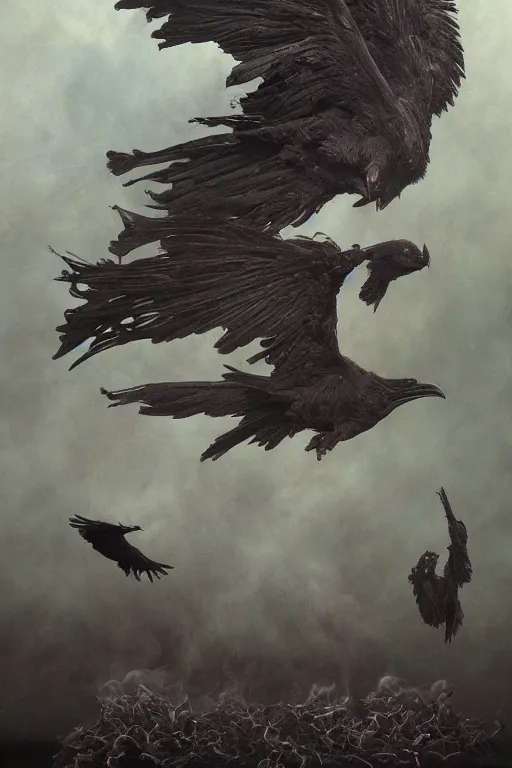 Image similar to Intricate stunning highly detailed surreal ravens by agostino arrivabene and Seb McKinnon, sculpture, ultra realistic, Horror vacui, full moon, thick swirling smoke tornado, fire embers, trending on artstation