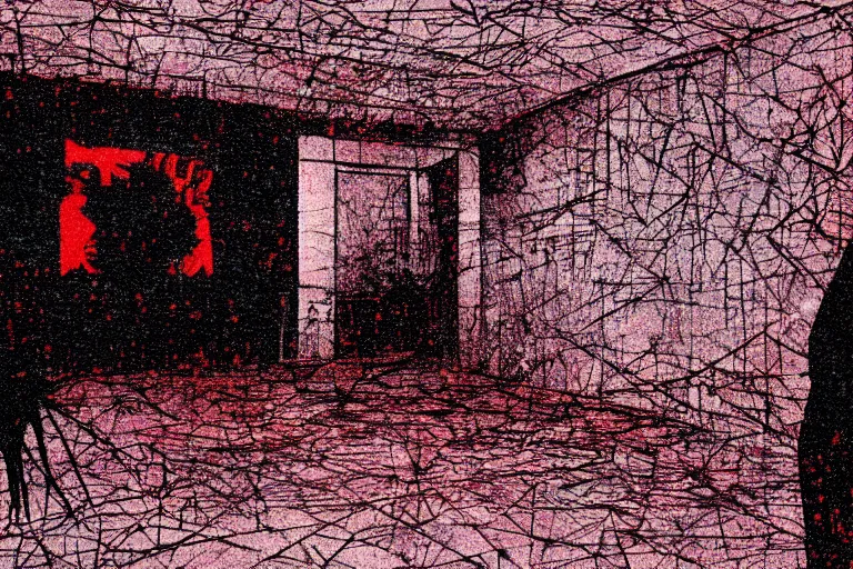 Image similar to cctv footage of an extremely dark empty room with evil horror humanoid cryptid monster made out of static, dark deep black shadows, crimson red and black color contrast in the style of trevor henderson and james ensor goya, liminal space, 3 d render, glitch effect