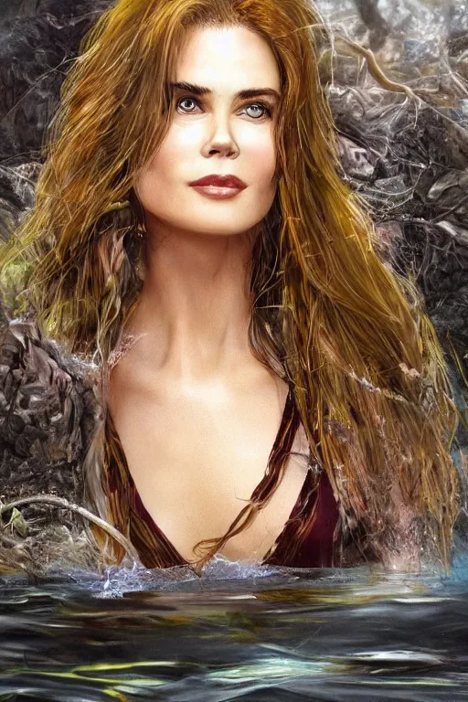 Image similar to mix of beautiful young maria shriver, mariel hemmingway, brooke shields, nicole kidman and elle macpherson as a young jungle girl swimming in a rockpool, thin lips, hair tied up in a pony tail, dark blonde hair, colorful, artstation, cgsociety