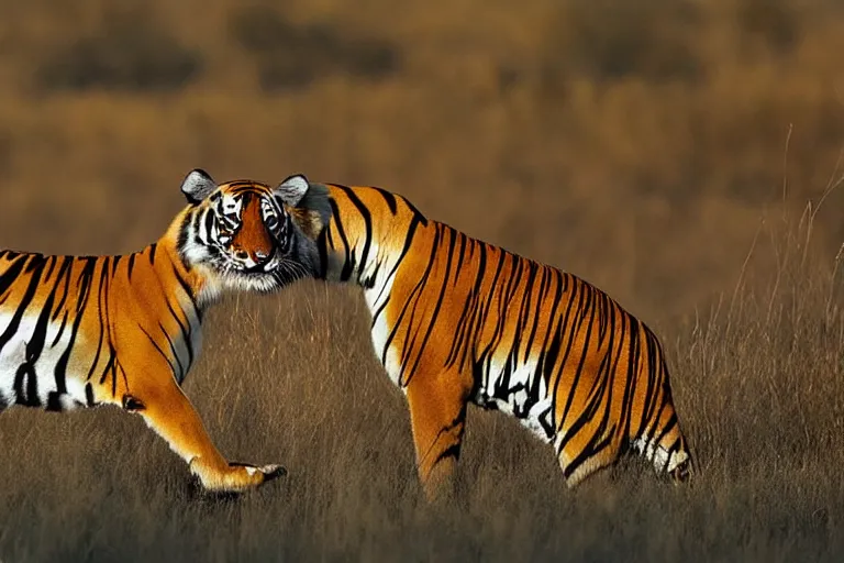 Prompt: antelope hunting a tiger, golden hour, 6 0 0 mm, wildlife photo, national geographics