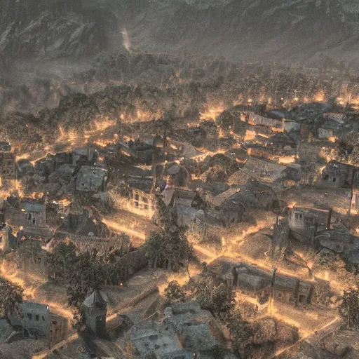 Image similar to the center of a poor medieval town under heavy rain at late dawn, in a valley, surrounded by mountains, highly detailed, octane render, ultra detailed cinematic, 8 k, widescreen, 1 6 : 9, hd