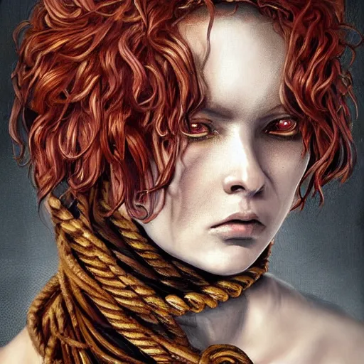 Prompt: portrait of a Shibari rope wrapped face and neck, headshot, insanely nice professional hair style, dramatic hair color, digital painting, of a old 15th century, roman gladiator, amber jewels, baroque, ornate clothing, scifi, realistic, realistic realistic realistic eyes, hyperdetailed, chiaroscuro, concept art, art by Franz Hals and Jon Foster and Ayami Kojima and Amano and Karol Bak,