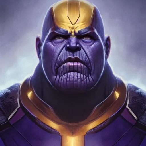 Image similar to close-up, symmetrical, portrait of Thanos, scowling, art by greg rutkowski, matte painting, trending on artstation