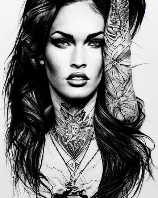 Prompt: tattoo sketch of megan fox face mash up with beautiful mountains, in the style of dan mountford, double exposure, hyper realistic, amazing detail, black and white