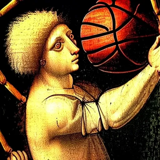 Prompt: a davinci painting of a cat dunking a basketball into a net