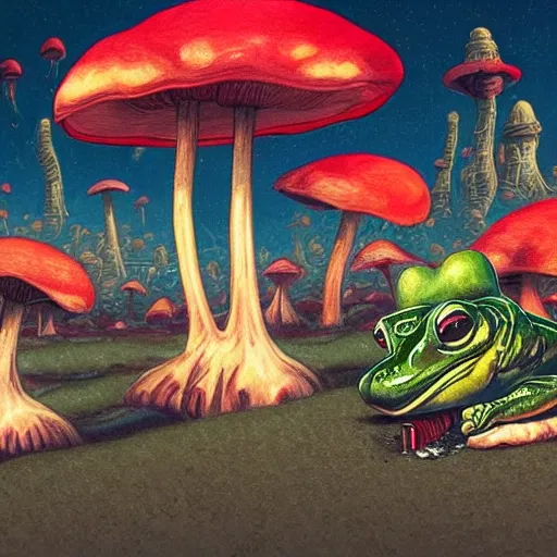 Image similar to A centered chest up portrait of a psychedelic godlike anthropomorphic frog smoking a hand-rolled cigarette , magic mushroom village in background . award winning. superb resolution. in the art style of junji Ito and greg rutkowski . Detailed Mushroom city in background. Hyper realistic anime. Perfect art. Dalle2