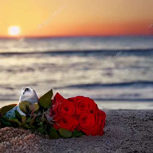 Image similar to cinematic shot of the singer Seal holding a bouquet of roses on a beach at sunset, highly intricate, highly detailed,