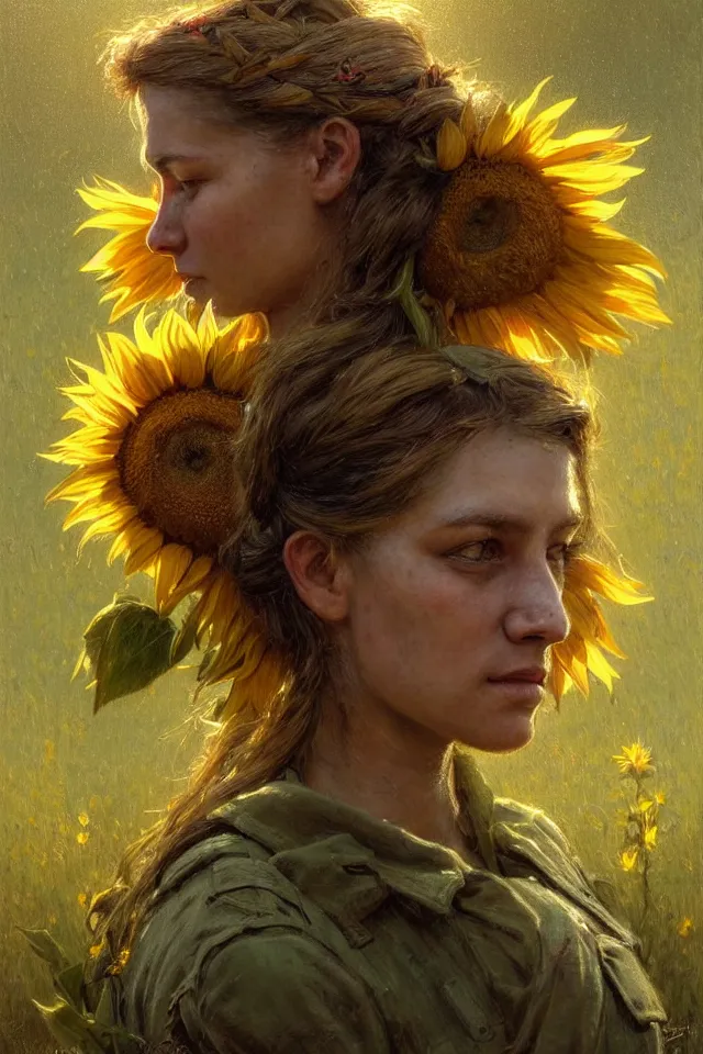 Image similar to face portrait of a female ukraine soldier with a sunflower in her hair, summer season, moody scene, highly detailed, intricate, sharp details, summer vibe, gorgeous scene by gaston bussiere, craig mullins, somber lighting, drawn by giacomo burattini, inspired by graphic novel cover art, hyperrealistic, 8 k by rhads
