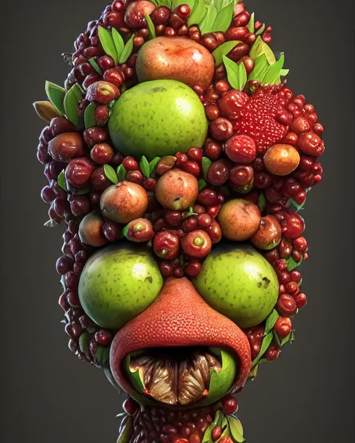 Image similar to portrait of a fruit figurine monster made of different fruit, standing in a forest, staring eyes, open mouth, trees in the background, sunlight, oil painting, highly detailed, dramatic lighting, hyperrealistic, 8 k, smooth, intricate, artstation, cgsociety, by artgerm, by wlop