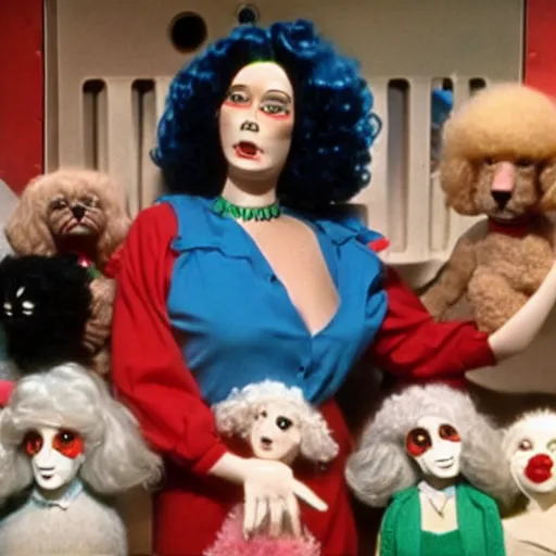 Prompt: a colourful 1 9 8 2 cinematic movie scene of a woman with ginormous blue hair holding a poodle made out of a ventriloquist dummy, and surrounded by hundreds of cats in a laundromat