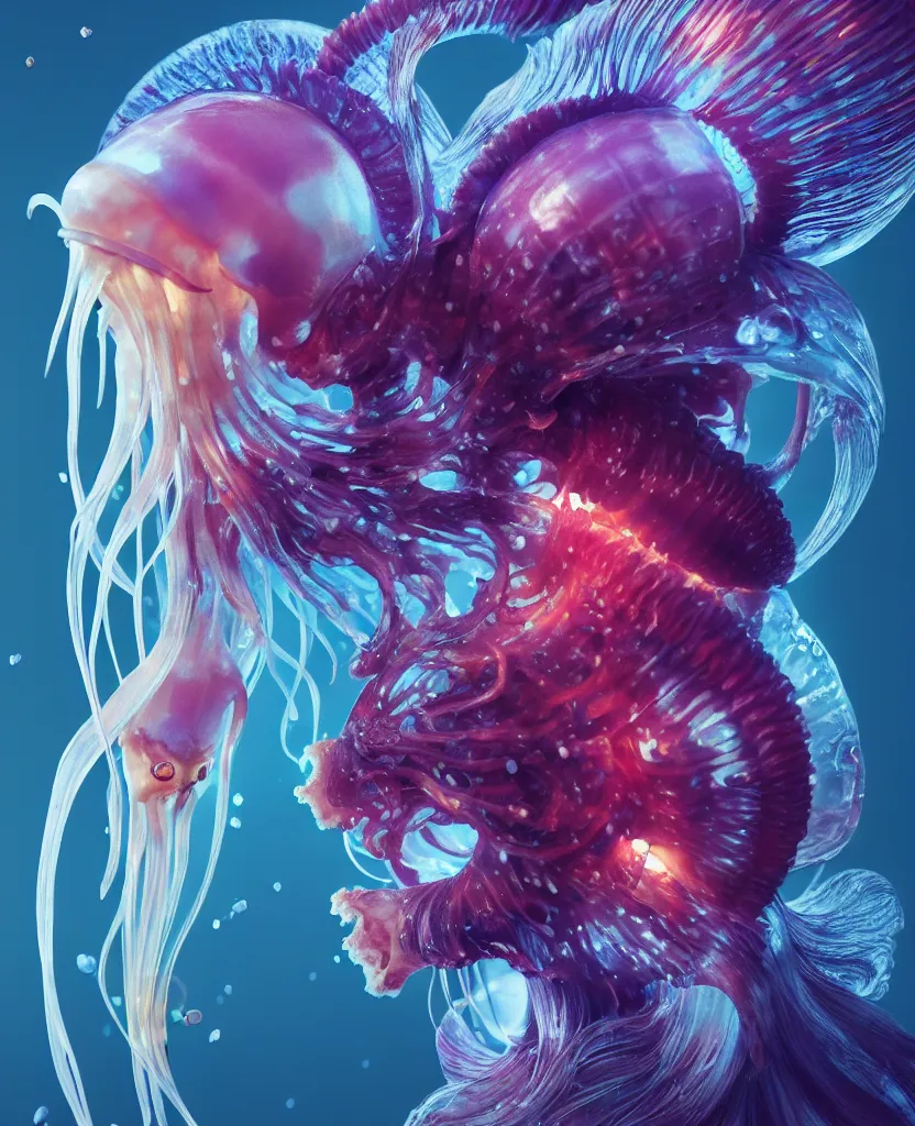 Image similar to goddess close-up portrait ribcagel. jellyfish phoenix head, nautilus, orchid, skull, betta fish, bioluminiscent creatures, intricate artwork by Tooth Wu and wlop and beeple. octane render, trending on artstation, greg rutkowski very coherent symmetrical artwork. cinematic, hyper realism, high detail, octane render, 8k