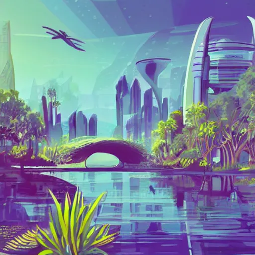 Image similar to beautiful happy picturesque charming organic futuristic sci - fi city in harmony with nature. water and plants. beautiful light. grainy and rough. soft colour scheme. beautiful artistic vector graphic design art by lurid. ( 2 0 2 2 )