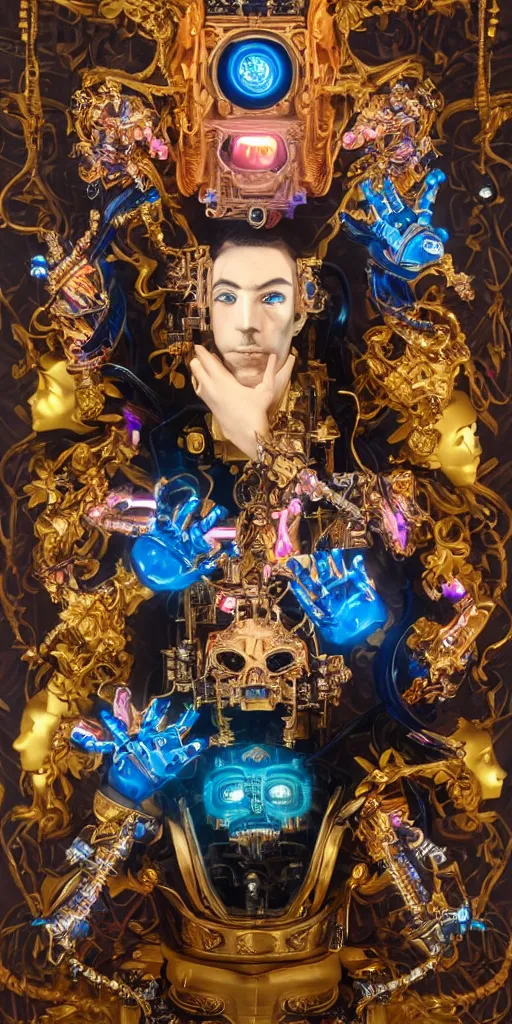 Image similar to full-body baroque and cyberpunk style sculpture of a young seductive Hispanic prince half android with a chest exposing a glowing gemstone battery and a CRT monitor face, glowing pink seductive laser eyes, crown of blue gears and diamonds, swirling salmon-colored silk fabric, robotic raptors dinosaurs. baroque elements. full-length view. intricate artwork by caravaggio. art by Artgerm and Greg Rutkowski and Alphonse Mucha, Trending on artstation, cinematic industrial lighting, hyper realism, octane render, 8k, depth of field, 3D
