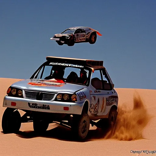 Image similar to grey Honda Civic 2001 jumping over dune desert in the 2003 Dakar rally. Many spectators watch. Honda civic with rusted panels old Cannon Photo 45mm wide angle full view un cropped. 720p photo by Jesse Alexander.