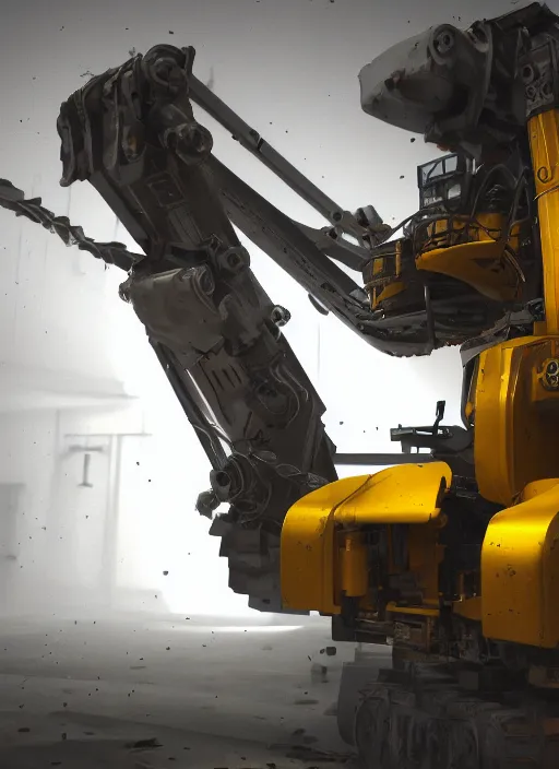 Image similar to a photorealistic dramatic hyperrealistic render of a futuristic exosuit power excavator heavy machinery, ultra realistic details, glossy yellow, well worn, rust, oil stains by vitaly bulgarov and mike nash, beautiful dramatic dark moody tones and lighting, cinematic atmosphere, studio lighting, global illumination, shadows, dark background, octane render, 8 k