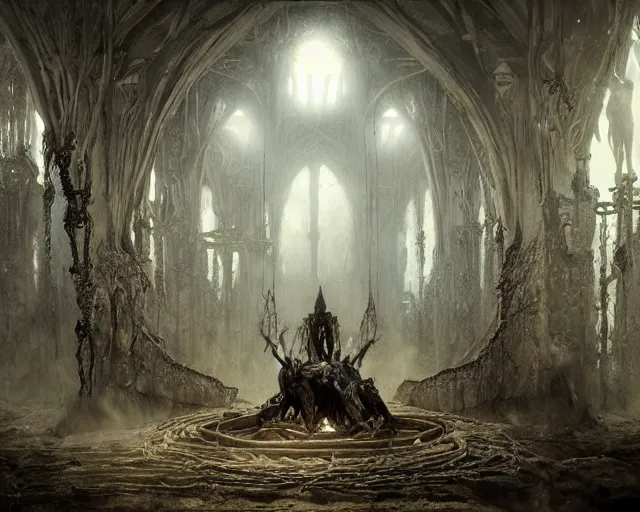 Image similar to king of the wolves - fantasy, inside the king's hall wolves and their treasures, ethereal, ominous, misty, 8 k, by h. r. giger and greg rutkowski