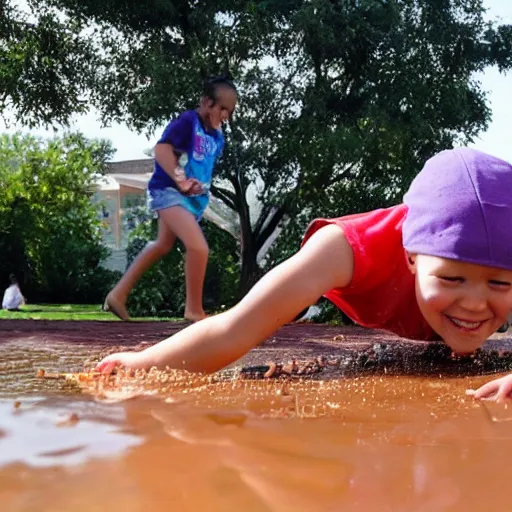 Image similar to kid sliding down chocolate pudding head first, slip n slide, photo taken at the park