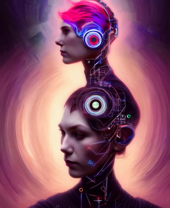 Image similar to a whirlwind of souls rushing inside the metaverse, hologram, half body, neurochip, shaved temple, piercing, jewelry, android, cyborg, cyberpunk face, by loish, d & d, fantasy, intricate, elegant, highly detailed, colorful, digital painting, artstation, concept art, art by artgerm and greg rutkowski and alphonse mucha