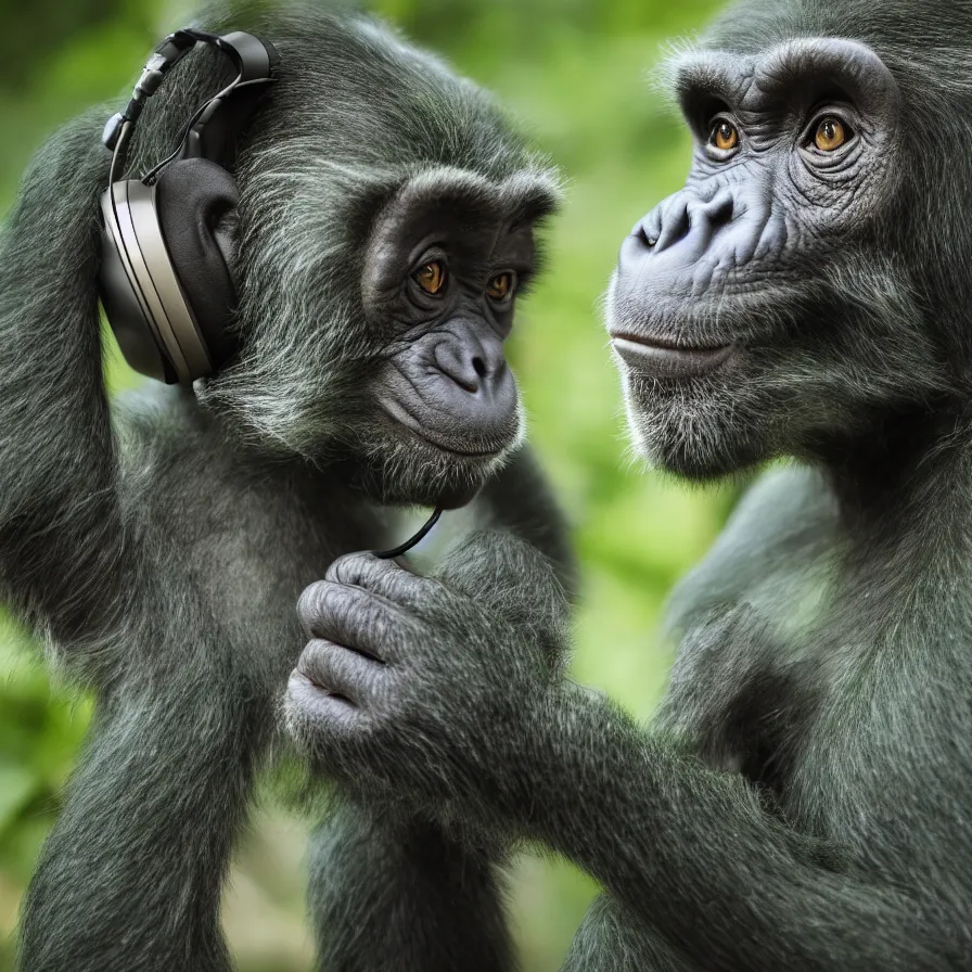 Image similar to a high quality photo of a green chimp wearing headphones, realism, 8k