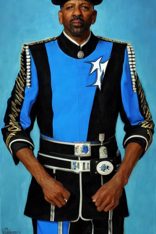Prompt: full body portrait of the dictator of the orlando magic, 2 0 4 5, in full military garb, magic blue, silver, and black, oil on canvas by william sidney mount, trending on artstation, futuristic