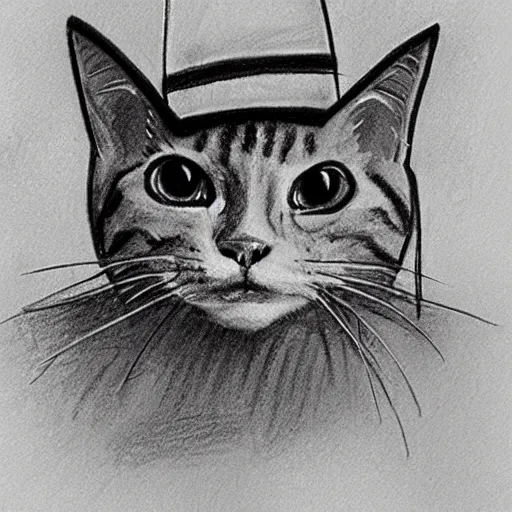 Prompt: pencil sketch of a happy cat wearing a sombrero