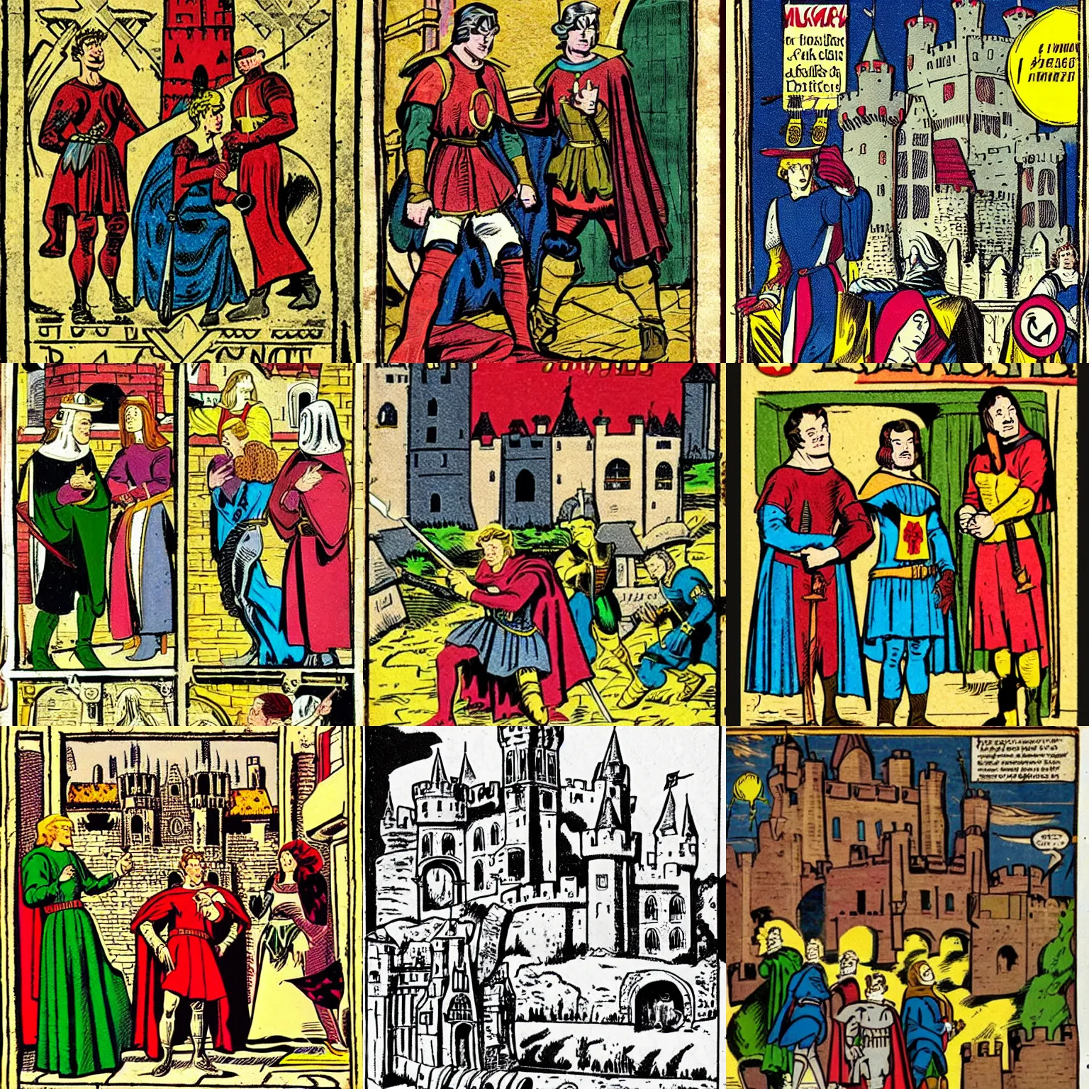 Prompt: medieval castle, golden age comic book style