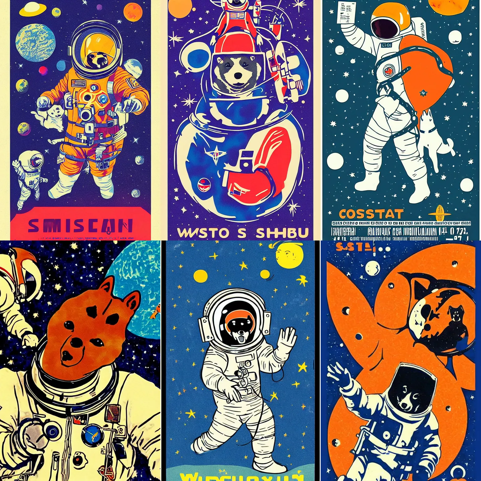 Prompt: cosmonaut, walking Shiba Inu in space , 60s poster, in the style of a music poster 1969