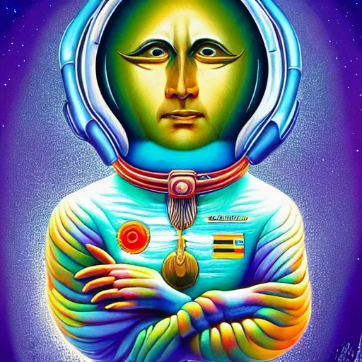 Image similar to psychedelic astronaut attaining enlightenment in the style of octavio ocampo naoto hattori, cg society, trending on artstation, award winning