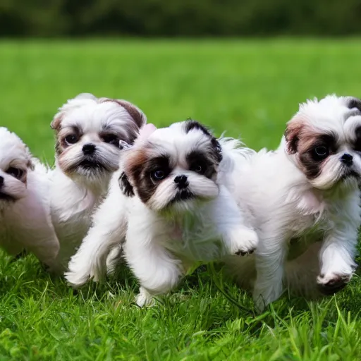 Prompt: a pack of young shih tzu puppies play in a field, Lots of lighting 8k photo