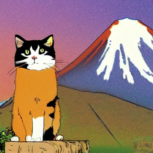 Image similar to a calico cat walking up mount fuji in the style of studio ghibli